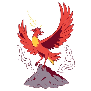A red phoenix is rising from a pile of gray ashes, its wings spread wide in an upward motion. The feathers of the phoenix are a brilliant blend of orange and yellow, emanating warmth as it ascends. The background is filled with wisps of smoke curling upwards, contrasting with the vibrant colors of the phoenix. Bright sparks of light surround the bird, accentuating its majestic form.