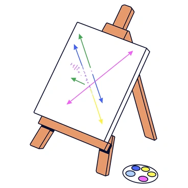 A canvas painting resting on a wooden easel. The canvas is filled with a diagram of force vectors, clearly displaying arrows in various directions with each arrow labeled with its corresponding force magnitude. The easel has a natural wood finish, complementing the vibrant colors of the vectors. A small palette with paint colors sits on the ground nearby.