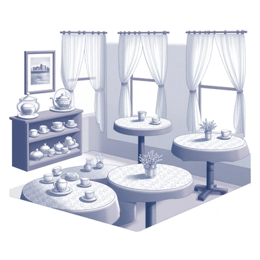 An interior of a tea room featuring a collection of delicate china tea sets displayed on a wooden shelf. Several round tables are covered with floral tablecloths, each set with neatly arranged teacups and saucers. Lace curtains gently frame the windows, allowing soft light to filter through. The walls are adorned with framed pictures of tea-related scenes. A small counter holds an assortment of pastries and cakes under a glass dome. A vase with fresh flowers is placed at the center of each table.