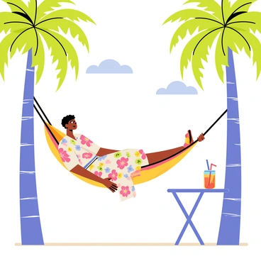 A person relaxing in a hammock, suspended between two tall palm trees. The hammock is made of a vibrant fabric with colorful patterns. The person is wearing a loose, comfortable kaftan that features floral designs in bright colors. Sunlight filters through the palm leaves, creating playful patterns on the ground. The background shows a clear blue sky, and a few fluffy white clouds. A refreshing drink sits on a small table nearby, completing the relaxing scene.