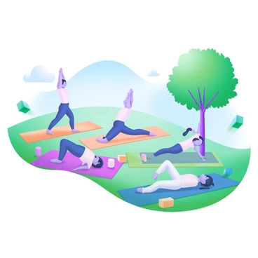 A modern pastel illustration depicting a yoga class taking place in a park. The scene features several participants practicing various yoga poses on colorful mats. Each individual is in a different pose that focuses on relaxation and liver health, such as the child's pose, the seated forward bend, and the supine twist. Surrounding the participants are soft green trees and a clear blue sky, creating a tranquil atmosphere. The sunlight filters through the leaves, casting gentle shadows on the ground. A few yoga props, like blocks and straps, are placed neatly beside the mats.