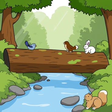 A large fallen tree trunk lies across a small stream in a dense forest. The tree's bark is rough and brown, with patches of moss growing on it. The stream below is clear and reflects the surrounding greenery. Various small animals gather around the tree, including a curious rabbit with soft white fur and a playful squirrel with a bushy tail. A few birds perch on the tree, looking around. Sunlight filters through the leaves above, casting dappled shadows on the ground. The scene is lively, showcasing a safe passage for the animals.
