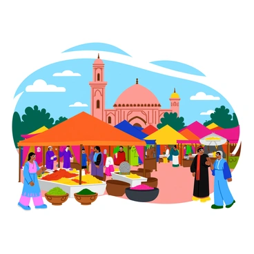 A bustling marketplace in Marrakech filled with colorful tents and vibrant textiles. A group of merchants are selling spices, with piles of bright red, yellow, and green powders displayed in intricate bowls. In the background, a magnificent mosque with a tall minaret towers over the scene, adorned with intricate geometric patterns. Brightly colored lanterns hang from the tents, casting a warm glow over the scene. People in traditional attire stroll through the market, engaging in lively conversations. In the sky, a few fluffy clouds drift lazily above.