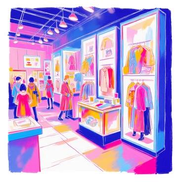 A vibrant online marketplace features several large digital screens displaying various AI-designed fashion NFTs. Each screen showcases a unique collection of clothing items and accessories, featuring vivid colors and intricate patterns. The marketplace is bustling with virtual shoppers exploring the latest trends. Brightly lit areas highlight the digital artwork, making the fashion items stand out. There are also interactive kiosks where users can learn more about each NFT. The overall atmosphere is energetic and modern, reflecting the innovative nature of the fashion displayed.