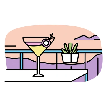 A "pornstar martini" in a clear glass sits on a sleek balcony table. The cocktail features a vibrant orange color, garnished with a fresh passion fruit on the rim. In the background, the sky is painted with hues of orange, pink, and purple, as the sun sets on the horizon. The balcony has a minimalist design, with a smooth railing and a few potted plants adding a touch of greenery. The overall composition captures the essence of a relaxing evening.