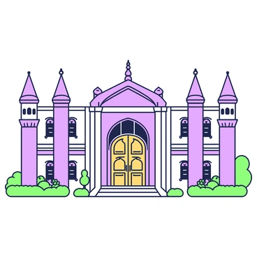 A view of the facade of Bangalore Palace showcasing its unique architectural elements. The palace features large, ornate wooden doors with intricate carvings. Above the doors, there are arched windows with decorative grills and elongated arches. The roofline is adorned with a series of pointed turret-like structures, each topped with finials. Flanking the structure are tall, slender columns that support the overhanging eaves. The overall design is characterized by a mix of gothic and Tudor styles, with pointed arches and decorative gables adding to its grandeur. A manicured garden with neatly trimmed hedges and flower beds surrounds the palace, providing a contrasting backdrop to the ornate facade.