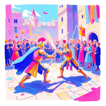 Two knights in shining armor are engaged in a dramatic sword fight in a castle courtyard. One knight has a blue cape flowing behind him, while the other knight has a red plume on his helmet. The swords are clashing, creating sparks that illuminate the scene. Surrounding them, a crowd of spectators is cheering, with some waving flags and others holding banners. The castle walls rise majestically in the background, and there are banners hanging from the ramparts. The cobblestone ground of the courtyard is visible beneath their feet.