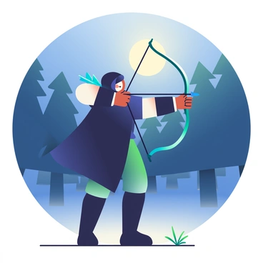 An archer practicing under the moonlight with glowing arrows