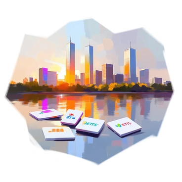 A city's skyline is prominently displayed, featuring a variety of tall buildings with distinct architectural styles. The buildings are illuminated by the warm glow of the setting sun, casting long shadows over the river. The water is calm and mirrors the skyline, creating a symmetrical reflection. In the reflection, the logos of various ETFs are subtly integrated, appearing as if they are floating on the surface of the river. The scene captures the dynamic interplay between the cityscape and the water, emphasizing the urban environment.