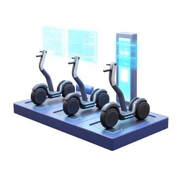 A sleek, futuristic Segway charging station. The station features a streamlined design with metallic surfaces and glowing accents. There are multiple Segways parked in charging slots, each with a structured outline. Holographic displays project information above the station, showcasing the status of each Segway. The environment is illuminated with soft LED lights that enhance the modern look of the charging station.