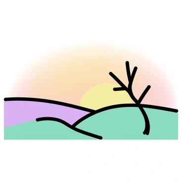 A sunset landscape featuring rolling hills. The sky is filled with warm shades of orange and pink, transitioning into a soft lavender as it meets the horizon. The hills are smooth and gently undulating, covered in a subtle green hue. A single tree with a twisted trunk and sparse branches stands prominently on one of the hills, silhouetted against the colorful sky. The sun, partially hidden behind the hills, casts a warm glow over the scene.