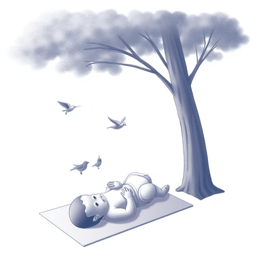 A baby lying on a soft mat beneath a large tree, which has a thick trunk and a wide canopy of leaves providing shade. The baby's expression is relaxed and content as tiny hands and fingers engage in a gentle massage. Above, several small birds are perched on the tree branches, with some in mid-flight, creating a lively atmosphere. The scene conveys a sense of tranquility, with the natural setting enhancing the moment of care and nurturing.