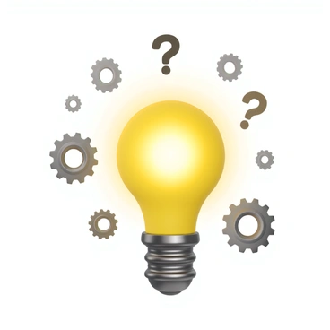 A lightbulb with a bright glow, positioned at the center of the image. The lightbulb has a classic design with a transparent glass casing and a metallic base. Surrounding the lightbulb are multiple question marks in varying sizes, depicted in a bold font and in a contrasting color to stand out. Additionally, there are several gears in different sizes and shades of gray, interspersed around the lightbulb and question marks, symbolizing the brainstorming process. The arrangement of the elements creates a dynamic composition that conveys the theme of creativity and problem-solving.