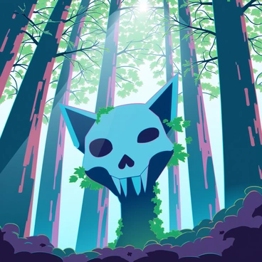 A cat skull with sharp, defined features and hollow eye sockets is emerging from a dense forest of tall trees. The skull is partially covered in moss and vines, blending into the natural environment. Sunlight streams through the canopy, casting dappled light patterns on the ground and illuminating the skull. The tall trees have thick trunks and vibrant green leaves, creating a lush, vivid atmosphere around the eerie focal point.