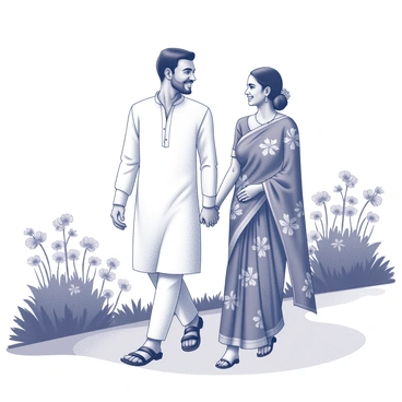 A Maharashtrian couple walking together in a park. The man is wearing a traditional white kurta and a dhoti, while the woman is dressed in a colorful nine-yard saree with intricate patterns. They are holding hands and smiling at each other as they stroll along a path lined with various flowers. The surrounding scenery includes lush greenery and clusters of blooming flowers in different shapes and sizes, creating a vibrant environment. The couple appears relaxed and content, enjoying their time in the park.