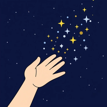 A human hand with a light skin tone extends gracefully toward the night sky, fingers slightly spread as if in the act of catching. Bright sparkles in various colors, including gold, silver, and soft pastels, twinkle in the dark background, creating a magical atmosphere. The sky is deep blue, dotted with a few stars, enhancing the sense of wonder. Some sparkles seem to be trailing, suggesting movement and the idea of wishes being made. The hand is depicted in detail, with delicate fingers and a subtle shine on the nails, emphasizing its connection to the enchanting scene.