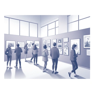 A group of diverse visitors engaged in exploration at an exhibit. They are moving through a spacious gallery adorned with various illustrations displayed on the walls. Some visitors are closely examining the artwork, while others are discussing their favorite pieces. Additional details include informative plaques beside each illustration, and the gallery is filled with natural light streaming through large windows. The atmosphere is lively with the sound of conversation and footsteps on the polished floor.