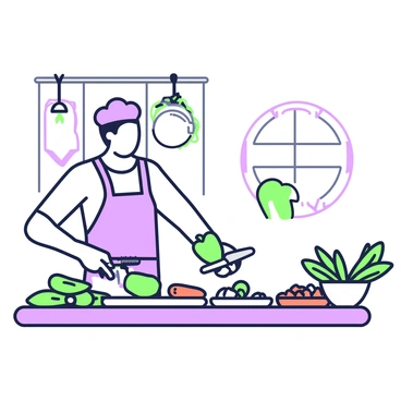 A kitchen scene is set with a wooden countertop. On the counter, a variety of seasonal vegetables are displayed, including carrots, bell peppers, and zucchini. A chef, wearing an apron, is in the act of chopping a bright green bell pepper with a sharp knife. Next to the chef, a colorful cutting board holds diced ingredients. In the background, a window lets in natural light, and there are pots hanging from a rack above the kitchen island. A bowl filled with freshly chopped herbs sits nearby, adding to the preparation.