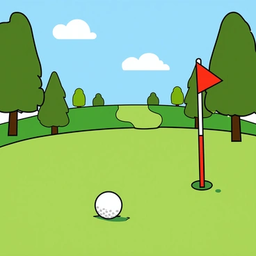 A picturesque golf course featuring a vibrant green expanse. In the foreground, a perfectly round white golf ball is positioned on the lush green putting surface. Surrounding the ball, there are small patches of neatly trimmed grass. The course is lined with tall trees in the background, their leaves a rich green color. A bright blue sky overhead is dotted with fluffy white clouds. A flagstick with a red flag can be seen waving gently in the breeze, indicating the hole's location nearby.