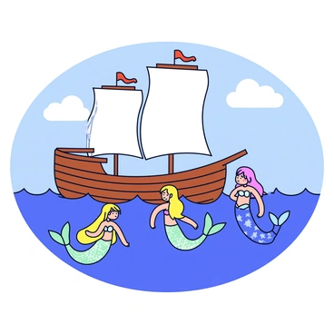 A wooden ship with billowing white sails is sailing across the open ocean. The ship's hull is well-weathered, showcasing a rich brown color. In the water nearby, a group of three mermaids are emerging from the waves. Each mermaid has a shimmering tail in various shades of green and blue. They have long hair that flows around them, with playful expressions as they gaze at the ship. The background features gentle waves and a clear blue sky with a few fluffy white clouds.