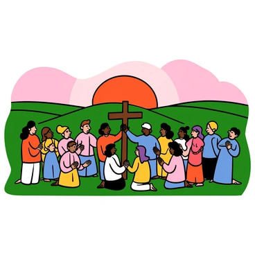 A panoramic view of an open field during a sunrise, with a soft glow illuminating the sky in shades of orange and pink. In the foreground, a diverse group of people is gathered, standing closely together, some holding hands. They are dressed in light spring clothing, with a mixture of pastel colors. A few individuals are setting up a simple wooden cross at the center, while others are kneeling in prayer or singing together. The atmosphere conveys a sense of community and celebration.