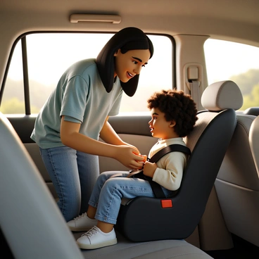 A mother with medium skin tone and long black hair is leaning into the backseat of a car. She is wearing a light blue shirt and denim jeans. The car’s interior is clean and spacious, with soft upholstery. The child, a young girl with curly hair, is seated in a safety seat, smiling as her mother fastens the "seatbelt" across her lap. The mother’s hands are gently adjusting the "seatbelt" to ensure it is secure. Sunlight is streaming in through the car windows, creating a warm atmosphere inside.