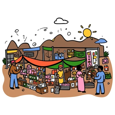 A bustling market bazaar in a wasteland filled with a variety of traders and makeshift stalls. The stalls are constructed from scrap materials and colorful tarps, showcasing an assortment of goods such as fruit, canned food, and handmade crafts. Traders of diverse appearances are interacting with customers, some haggling over prices while others display their wares enthusiastically. Dust swirls in the air, illuminated by a bright sun casting long shadows across the ground. In the background, rugged terrain and scattered remnants of buildings suggest a harsh environment surrounding the lively market scene.