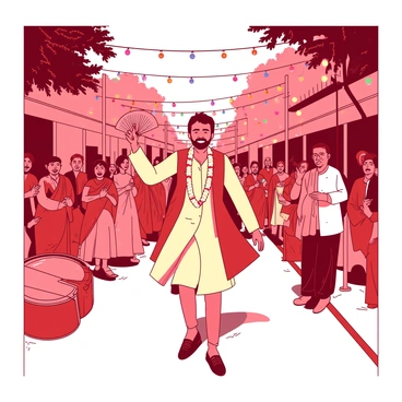 A red baraat procession is taking place on a vibrant street filled with colorful decorations. In the center, a groom wearing a traditional cream-colored outfit is joyfully dancing, surrounded by his friends and family who are all wearing bright outfits in various shades. The guests are clapping and cheering, some are waving decorative fans, while others hold colorful garlands. Illuminated lights hang from nearby trees, adding to the festive atmosphere. A few musicians are playing drums and other instruments, contributing to the lively celebration.