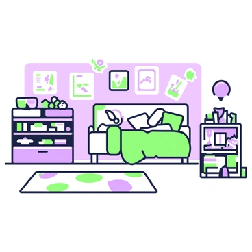 A child's room with organized toys in bins lining the wall. Each bin is labeled and filled with various toys such as stuffed animals, building blocks, and action figures. In the center of the room, there is a colorful rug featuring geometric patterns. A neatly made bed is positioned against one wall, dressed in bright bedding, with pillows placed at the headboard. Above the bed, there are cheerful wall decorations depicting animals and stars. A small bookshelf filled with children's books stands in the corner, adding to the inviting atmosphere of the room.