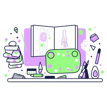 A desktop cluttered with various art supplies can be seen. On the left side, there is a stack of anatomical sketches that are partially completed, showcasing different human body parts. Next to the sketches, there are several colored pencils and markers scattered around. A green paint palette sits in the center, with splatters of paint around it. In the background, a sketchbook is open, displaying a detailed drawing of a hand. A ruler and a small eraser are positioned near the top of the desk, adding to the artistic chaos.