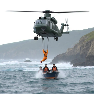 An NH90 helicopter with a dark green and gray camouflage pattern hovers above a small, stranded boat in choppy waters near the coast. The helicopter has its rotors spinning rapidly, creating a spray of water below. A rescue hoist is deployed from the helicopter, with a rescue swimmer in a bright orange wetsuit being lowered towards the boat. The stranded sailors, wearing life jackets and appearing relieved, are reaching out towards the rescue swimmer. In the background, rocky coastal cliffs rise above the ocean, with waves crashing against the shore. The sky is overcast, adding a sense of urgency to the scene.