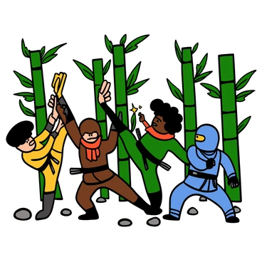 A group of Ninjago characters practicing martial arts in a lush bamboo forest. There are four characters: a light-skinned ninja with black hair is performing a high kick, a dark-skinned ninja with curly hair is executing a spinning roundhouse kick, a ninja with a red scarf is demonstrating a punch stance, and another ninja with a blue mask is preparing for a defensive move. The bamboo stalks surround them, creating a vibrant green backdrop. The ground is covered with leaves and small rocks, emphasizing the natural setting. Each character is dressed in their signature ninja attire, showing their distinct colors and designs.