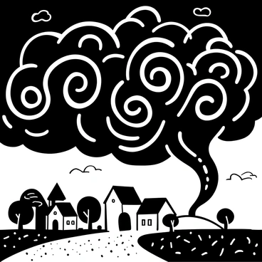 Dark, swirling clouds filling the sky, forming intricate patterns above a small town. The buildings of the town are simple in design, with peaked roofs and a few trees scattered around. The ground is slightly textured, suggesting a gravel road leading into the town. Shadows are cast by the ominous clouds, enhancing the foreboding atmosphere. There are a few distant hills visible on the horizon, further emphasizing the scene's dramatic tension.