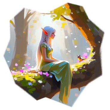 A mystical elf with long, flowing silver hair and pointed ears sits gracefully on a thick tree branch. She is dressed in an intricately designed green and gold gown that shimmers softly in the dappled sunlight filtering through the leaves. The enchanted forest around her is filled with tall, ancient trees covered in vibrant moss and glowing flowers. Soft light beams create an ethereal atmosphere, while small, luminescent creatures flutter nearby, illuminating the scene. The elf gazes thoughtfully into the distance, surrounded by the tranquility of this magical setting.