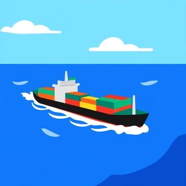 An aerial view of a large cargo ship with colorful containers stacked on its deck. The ship is navigating through calm ocean waves that reflect a deep blue color. The ocean is dotted with subtle white froth created by gentle waves. Above, a clear blue sky stretches out, with a few fluffy white clouds scattered across. The scene captures the vastness of the ocean surrounding the ship.