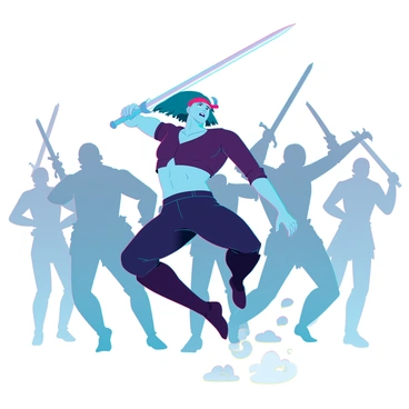 A muscular swordsman with green hair and a bandana is leaping into action, his swords drawn and glinting in the light. He wears a fitted, dark shirt and loose, combat-ready pants. His expression is fierce and determined as he charges towards a group of shadowy enemies in the background. The enemies appear menacing with various weapons raised, blending into a chaotic scene. The atmosphere is tense as dust swirls around from the force of his movement.