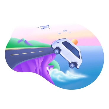A modern pastel illustration depicting a vehicle accident on the edge of a scenic coastal cliff. The image shows a car partially off the road, with its front-end hanging over the edge. Below, vibrant blue ocean waves crash against the rocky cliffside. The sky above is a mix of soft pastel colors, hinting at a sunset. In the background, there are lush green hills and a few seagulls flying above the water. The scene captures the dramatic contrast between the accident and the beautiful coastal landscape.