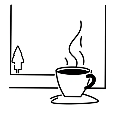 A steaming cup of coffee sits on a window sill. The cup has a classic design with a curved handle and is filled to the brim. The steam rises gracefully from the surface of the coffee. The window is partially open, allowing light to stream in, casting shadows on the sill. Outside the window, faint outlines of trees can be seen, adding to the ambiance of the morning.