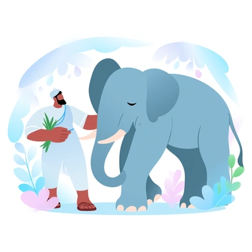 An Indian elephant keeper is gently patting a majestic elephant in a sanctuary. The elephant stands tall with large ears and a long trunk, showcasing its impressive size. The keeper, dressed in traditional attire, is holding a small bundle of green leaves in one hand while using the other hand to stroke the elephant's side. Various plants and trees surround them, creating a rich, vibrant atmosphere. Sunlight filters through the leaves, casting soft shadows on the ground. A peaceful feeling of harmony between the keeper and the elephant fills the scene.