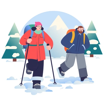Two hikers are making their way through a snowy landscape. The first hiker, a woman with dark hair, is wearing a bright red parka and thick black snow pants. She has a blue backpack and is using trekking poles to navigate through the deep snow. The second hiker, a man with a beard, is dressed in a navy blue insulated jacket and gray waterproof pants. He carries a orange backpack and is taking careful steps, leaving footprints in the fresh snow. Snow-covered trees surround them, and the sky above is a clear blue, contrasting with the white of the snow.