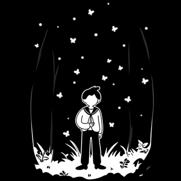 A figure dressed in a traditional Japanese school uniform standing in a dark forest. The figure has a distinct hairstyle, and is surrounded by multiple small, glowing fairies that float delicately in the air. The fairies have translucent wings and emit a soft light that contrasts with the darkness of the forest. There are tall trees in the background, and the ground is covered with leaves and shadows, creating a mysterious atmosphere.