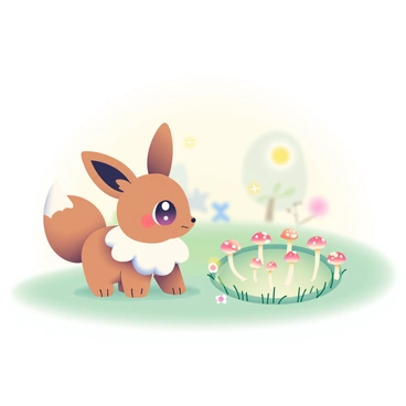 An Eevee with a fluffy brown coat is standing on a soft green grass surface, looking curiously at a fairy circle. The fairy circle is composed of small, delicate mushrooms arranged in a perfect ring. Tiny, twinkling lights in various colors hover gently above the mushrooms, casting a warm glow in the evening light. The background features softly blurred trees and a few flowers peeking through the grass, adding to the enchanting atmosphere. The Eevee's ears are perked up, and its big eyes reflect the luminous lights, creating a sense of wonder and discovery.