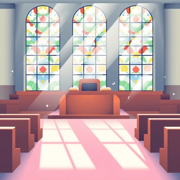 Light is streaming through large stained glass windows in an empty courtroom. The windows are adorned with intricate designs featuring various colors like deep reds, blues, and greens. The sunlight creates vibrant patterns on the polished wooden floor, casting a kaleidoscope of color. The courtroom is spacious with high ceilings, and there are wooden benches arranged neatly on either side. A large, ornate judge's bench sits at the front, flanked by tall, elegant columns. Dust particles can be seen in the beams of light, adding a sense of stillness to the scene.