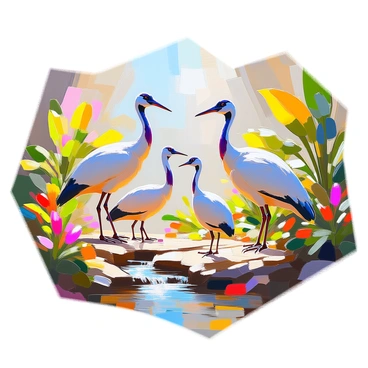 A colorful mosaic depicting a scene of moa birds in their natural habitat