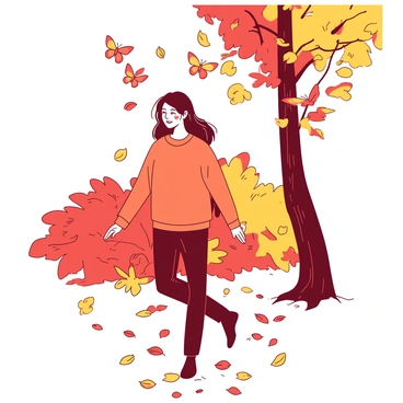 A person wearing a cozy orange sweater is walking through a carpet of red and yellow autumn leaves. The leaves are scattered across the ground, crunching softly underfoot. Surrounding the person are several butterflies in shades of yellow and orange, fluttering gracefully through the air. Some butterflies swirl around the person's head, mirroring the motion of the falling leaves, while others dance gently above the vibrant foliage. The sunlight filters through the trees, casting soft shadows on the ground.