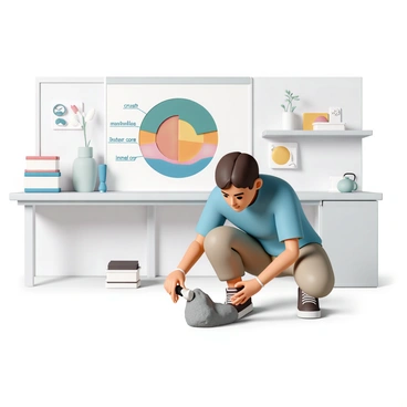 A geologist, wearing a blue shirt, khaki pants, and sturdy boots, is focused on examining a gray rock with a hammer in one hand and a hand lens in the other. He is crouched down, closely inspecting the rock's surface. Behind him, a large diagram illustrating "earth's layers," with distinct sections labeled and colored to represent the crust, mantle, outer core, and inner core, is prominently displayed on a whiteboard. The setting is a bright, indoor laboratory filled with various geological tools and samples.