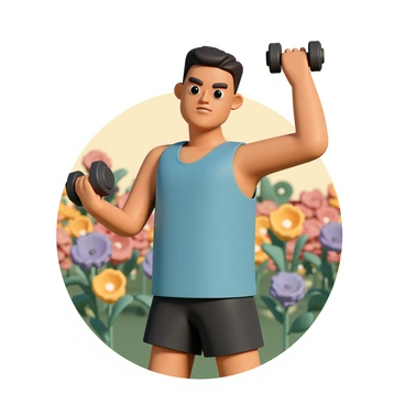 A person, wearing a blue tank top and black shorts, is performing dumbbell lateral raises in their backyard. They have a determined expression on their face as they lift the dumbbells, with one arm extended to the side. The backyard is filled with colorful flowers in various shades, including red, yellow, and purple, creating a vibrant backdrop. A few green plants are also visible around the area, adding to the lively outdoor setting. The sun casts a warm glow, highlighting the person's focused posture and the beauty of the flowers around them.
