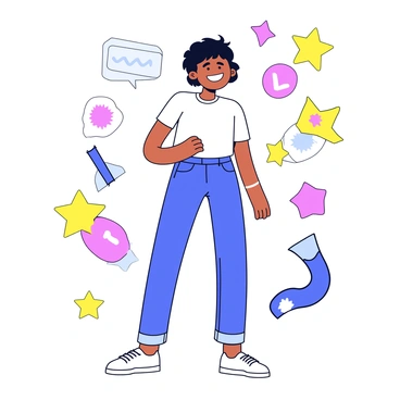 A character with a contemporary outfit, featuring a fitted t-shirt and slim jeans, stands in a playful pose. The character has an exaggerated smile but a slightly confused expression. The character's hairstyle is trendy, with tousled hair falling casually. Surrounding the character are elements reminiscent of an outdated illustration style, such as colorful, simplistic shapes and patterns. The background is filled with abstract shapes that contrast with the modern appearance of the character, enhancing the feeling of awkwardness.