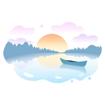 A gradient of pastel colors fills the sky as the sun rises over a calm lake. The water reflects the soft hues of orange, pink, and lavender from the sky, creating a smooth, mirrored surface. Silhouettes of distant trees line the shore of the lake, their outlines softly blurred by the early morning light. In the foreground, gentle ripples break the water's surface, adding texture to the peaceful scene. A single boat floats quietly on the lake, suggesting tranquility.