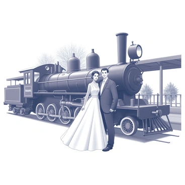 A bride in a white wedding dress stands next to a groom in a dark suit. They are posing together, smiling at the camera. The background features a vintage steam train with black and white details, parked at an old-fashioned train station. The train has distinct large wheels and a prominent smokestack. The station has a classic platform with wooden benches and overhead signs. There are trees and bushes in the background, framing the scene. The couple is positioned in front of the train, creating a romantic focal point.